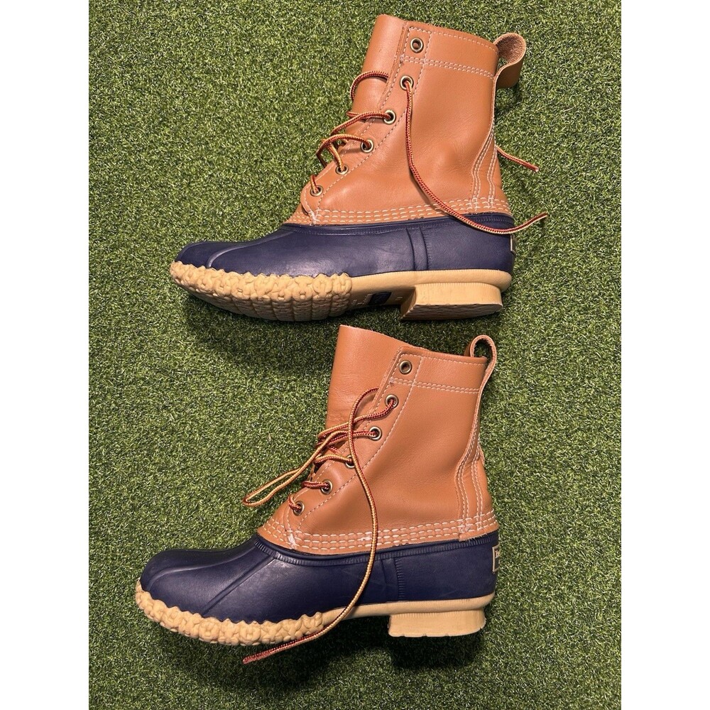 L.L. Bean Duck Boots Womens Size 6 M Tan Navy Blue  8” Leather Rubber USA Preppy